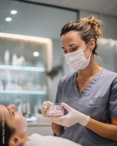 Professional female beautician in a mask and gloves holds a jar of pink cream while applying a rejuvenating clay mask to a client in a modern aesthetic clinic or spa salon environment.