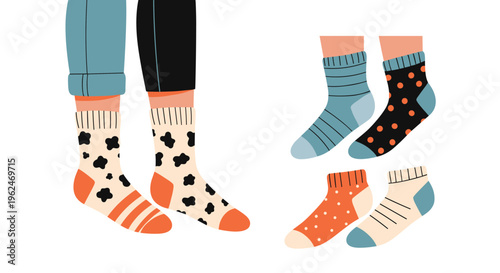Display of different patterned and colorful socks shown on legs and as individual pairs including cow print, dots, and stripes.