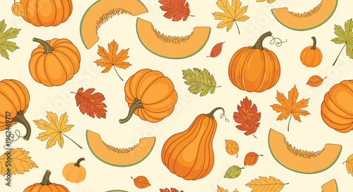 Warm autumn themed seamless pattern featuring whole pumpkins, melon slices, and various fallen leaves in orange and yellow colors.