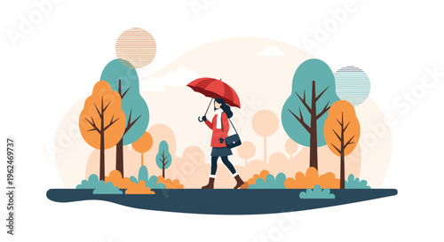 Woman walking through a beautiful autumn park with colorful trees while holding a bright red umbrella during a gentle fall rain.