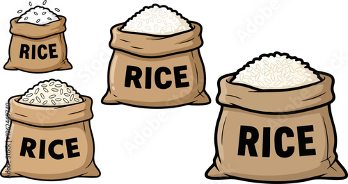 Cartoon rice sacks collection, burlap bags filled with white grain, set of 4 organic food storage icons for grocery and agriculture design