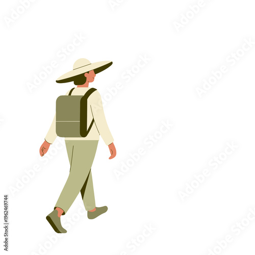 A person walking with a hat and backpack.