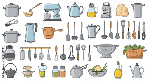 Extensive collection of kitchen utensils, cookware, and appliances including pots, pans, mixers, graters, and various hand tools.