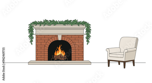 Cozy living room scene featuring a brick fireplace with a roaring fire, a festive green garland, and a comfortable cream armchair nearby.