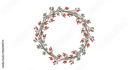 Decorative wreath made of thin intertwined branches adorned with small red berries and tiny white flowers on a plain background.