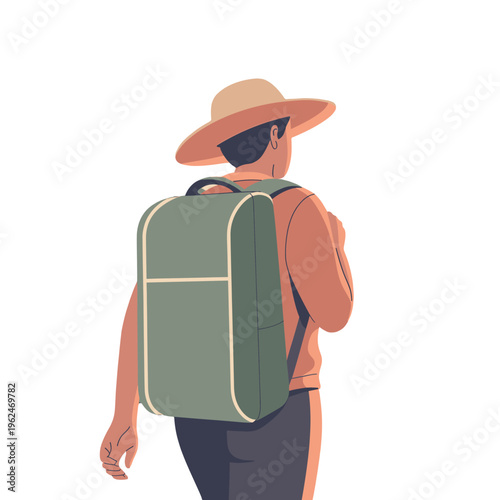 A traveler is captured from behind, with a hat and backpack.