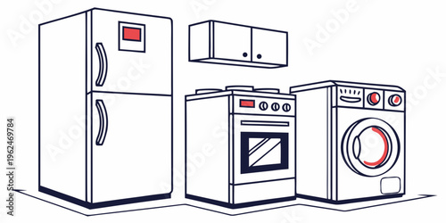 A set of white kitchen appliances including a refrigerator, oven, and washing machine