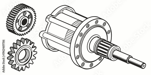 Close up view of various mechanical gears and a gearbox assembly