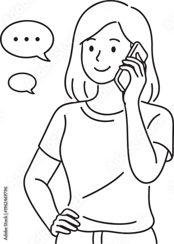 Woman cheerfully talking on a mobile phone with speech bubbles