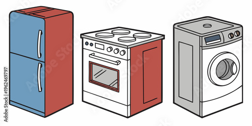 A colorful illustration of essential kitchen appliances including a refrigerator, oven, and washing machine.