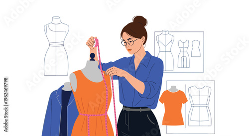 Female fashion designer using a measuring tape on a mannequin wearing an orange dress while surrounded by design sketches in a studio.