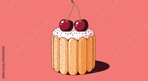 Delicious cake dessert surrounded by ladyfingers and topped with white whipped cream and two fresh cherries on a pink background.