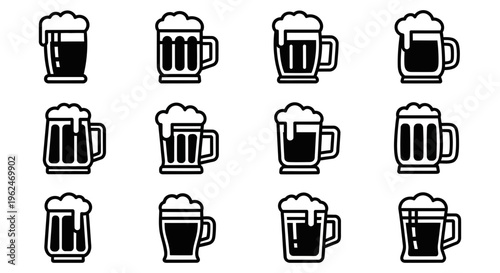 Set of beer mugs with foam in various styles and angles
