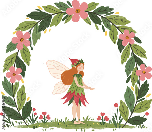 Whimsical fairy standing under floral archway in garden with greenery and pink flowers