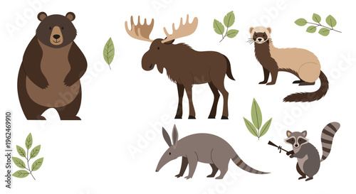 Group of various woodland animals including a bear, moose, ferret, anteater, and a raccoon with leaves on a white background.