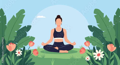 Peaceful woman practicing yoga in the lotus position outdoors in a lush green garden surrounded by large leaves and pink flowers.