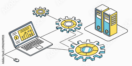 Illustration of a laptop connected to a server with gears and clouds representing data transfer.