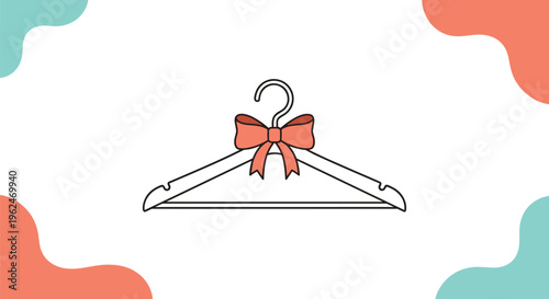 Simple black and white line drawing of a wooden clothes hanger decorated with a large red bow in the center against a colorful background.