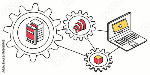 Illustration of a computer system with interconnected gears and components