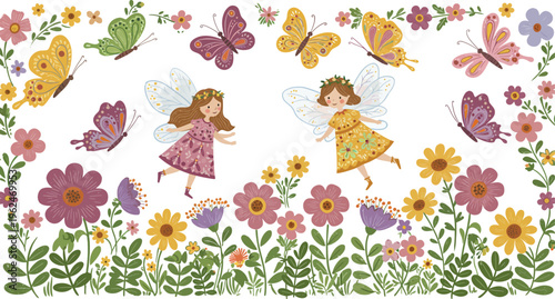 Whimsical illustration of two girls dancing among colorful flowers and butterflies in a beautiful floral landscape scene outdoors