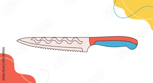 Long bread knife with a serrated blade and a vibrant multi colored handle in red and blue shades on a decorative background.
