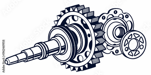 Close-up view of a mechanical gear system with various interlocking components