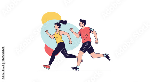 Active man and woman jogging together in sportswear for fitness and healthy lifestyle against a colorful abstract background.