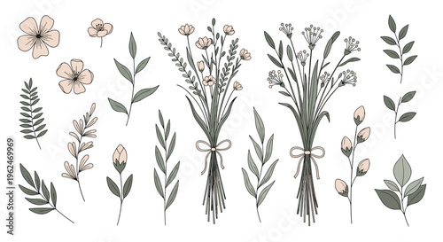 Beautiful collection of hand drawn wildflowers, bouquets, and leaves in soft pink and muted green tones for floral design projects.