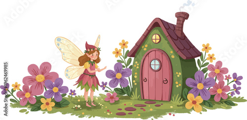 Whimsical fairy standing beside a colorful tiny green cottage with flowers