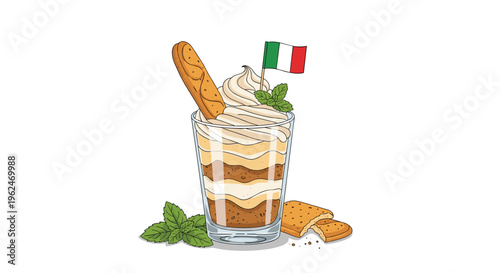 Delicious tiramisu dessert in a glass with layers of cream and coffee soaked cake, topped with mint leaves and a small Italian flag.