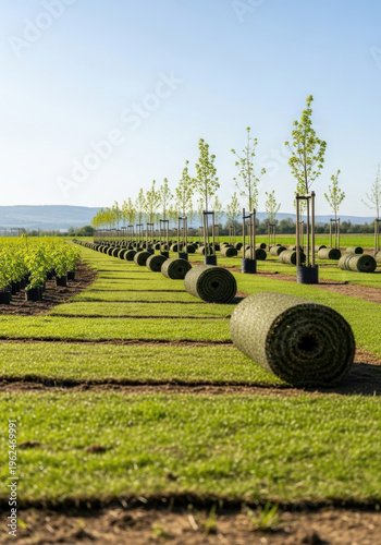 Rolled turf and newly planted sapling trees in sunny landscape renovation with neat rows of green turf rolls and clear blue sky