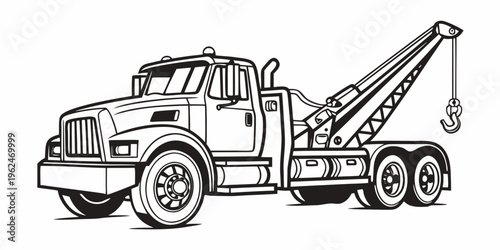 A black and white illustration of a heavy-duty tow truck with a hook and chain.