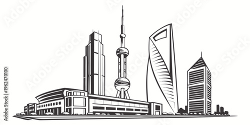 Modern skyscrapers and architectural landmarks in a bustling cityscape.