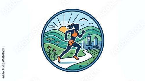 Woman Runner in Round Nature and City Scene