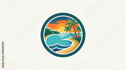 Coastal Paradise Logo with Sunset and Palm Trees