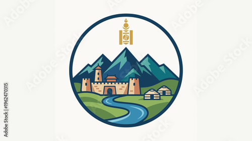 Mongolian Emblem with Mountains and Fortress