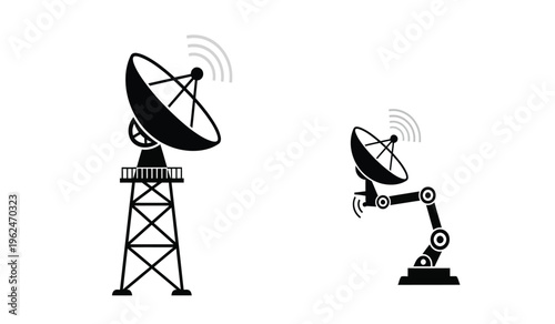 Two satellite dishes in silhouette on a white background one on a tower and the other on a robotic arm