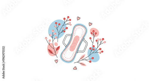 Feminine hygiene sanitary pad illustration surrounded by delicate floral elements, berries, and small pink hearts.