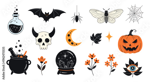 Diverse collection of spooky Halloween icons including a pumpkin, bat, spider, skull, magic potion, and crystal ball.