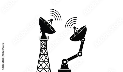 Satellite dish communication silhouette with tower and robotic arm