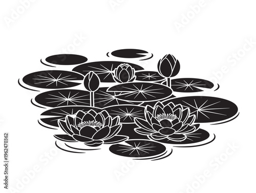 Water lilies on pond silhouette with tranquil nature reflection 