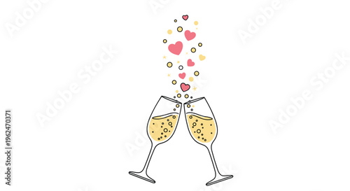 Two elegant glasses of sparkling champagne clinking together with pink hearts and golden bubbles rising in the air.