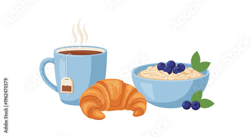 Nutritious breakfast set including a steaming cup of tea, a flaky golden croissant, and a bowl of oatmeal with blueberries.