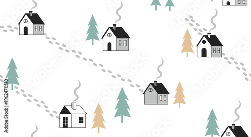 Seamless pattern of small houses with smoking chimneys and pine trees in a snowy winter landscape with trails of footprints.
