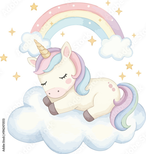 A cute cartoon unicorn standing on a cloud under a rainbow in a whimsical fantasy scene with pastel colors