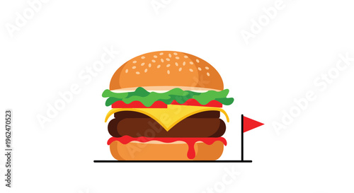 Appetizing large cheeseburger with fresh green lettuce, red tomato, a thick meat patty, and a small red flag on top.