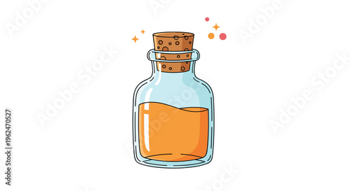 Small clear glass apothecary bottle filled with a vibrant orange liquid and sealed with a cork stopper, with star accents.