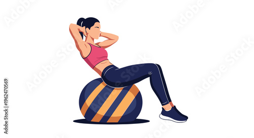 Fit young woman performing abdominal crunches while balancing on a blue and yellow striped fitness ball in a gym setting.