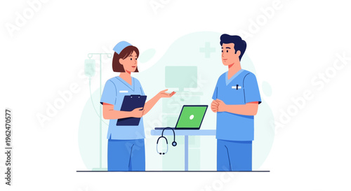 Healthcare Professionals Collaborating on Patient Data Using Laptop