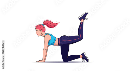 Athletic woman with pink hair in a ponytail doing donkey kick exercises on a yoga mat to strengthen her glutes and legs.